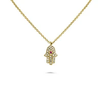 14K White Gold Sapphire and Diamond Evil Eye Hamsa Necklace, 18"