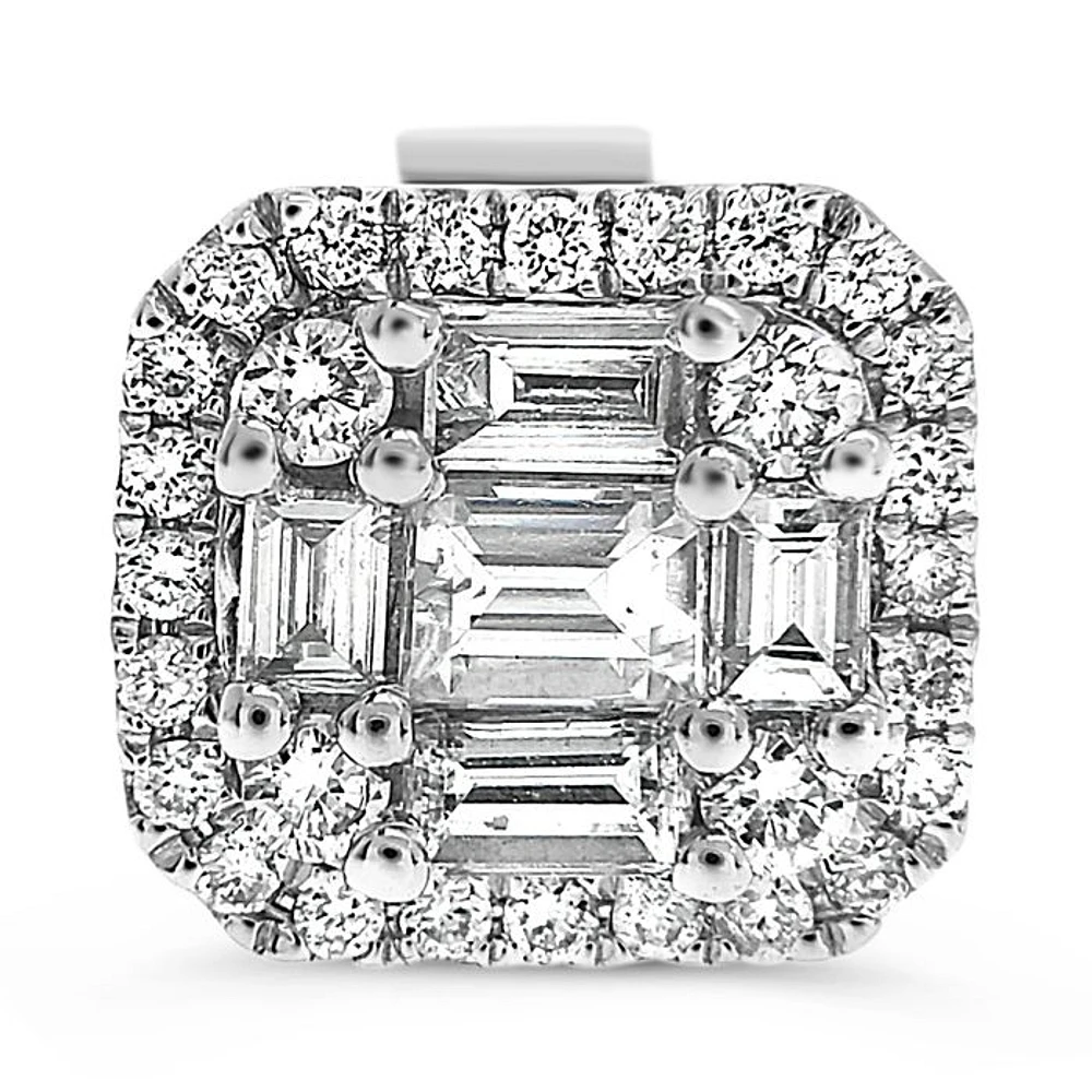 14K White Gold 0.57cttw Diamond Halo Illusion Set Baguette Cut and Round Brilliant Cut Stud Earring