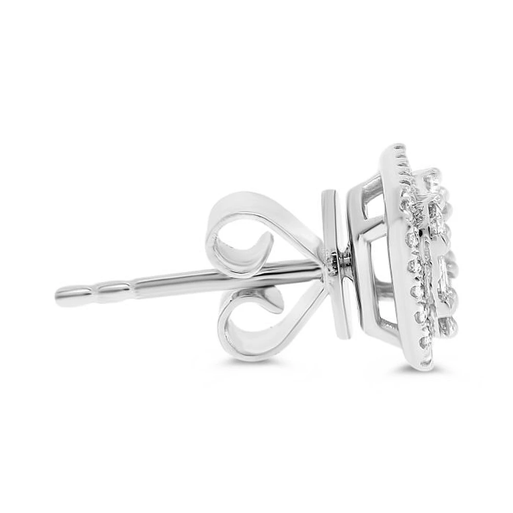 14K White Gold 0.57cttw Diamond Halo Illusion Set Baguette Cut and Round Brilliant Cut Stud Earring