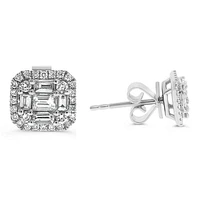 14K White Gold 0.57cttw Diamond Halo Illusion Set Baguette Cut and Round Brilliant Cut Stud Earring