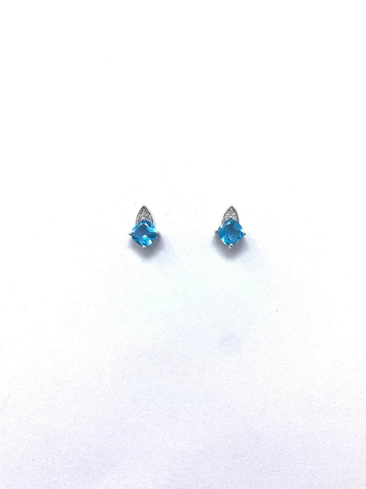 10K White Gold 1.50cttw Genuine Blue Topaz & 0.023cttw Diamond Earrings