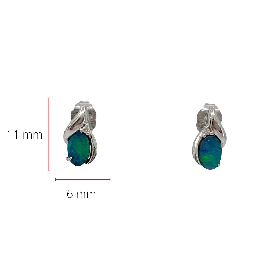 10K White Gold 4mm x 6mm Australian Doublet Opal and 0.02cttw Diamond Earrings