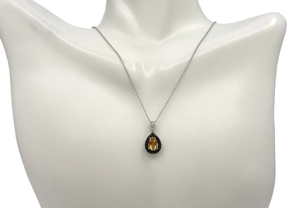 10K White Gold Citrine, Garnet & Diamond Pendant, 18"