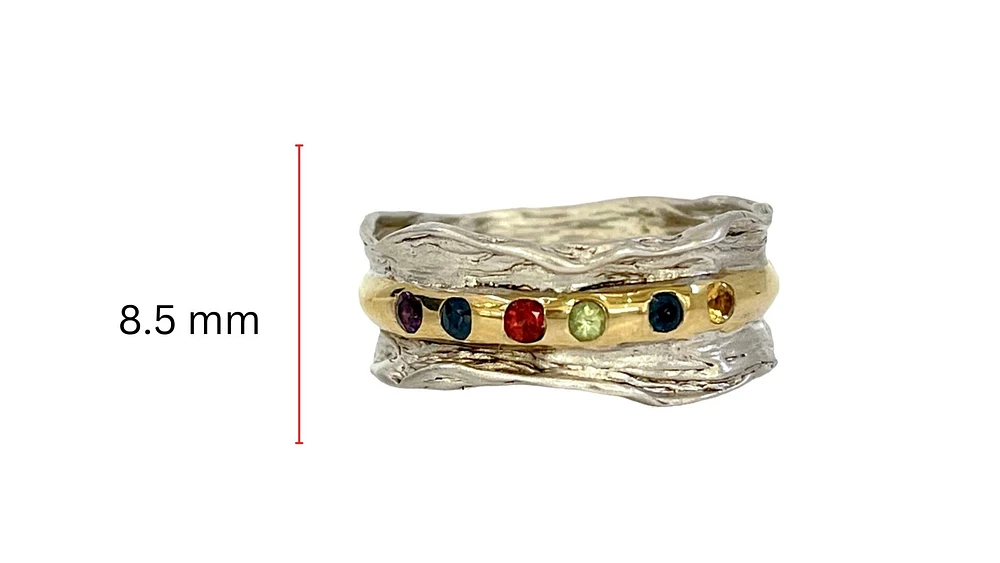 Silver and 18K Yellow Gold Plated Garnet, Amethyst, Sapphire & Peridot Ring, size 6.5