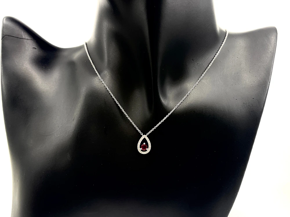 14K White Gold 0.23cttw Genuine Ruby with 0.13cttw Diamond Necklace - 16 Inches