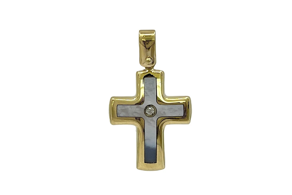 10K Yellow Gold Mother of Pearl and Cubic Zirconia Cross Charm