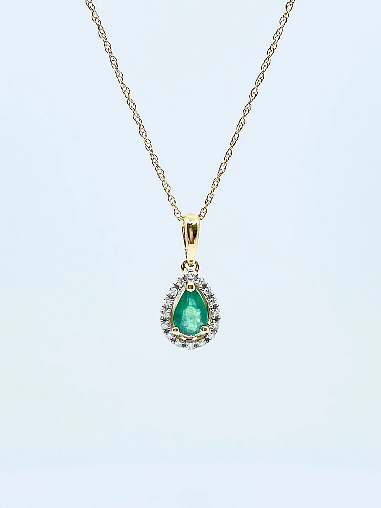 10K Yellow Gold Emerald and Diamond Pendant, 18"