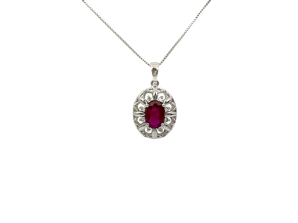 10K White Gold Ruby and Diamond Pendant, 18"