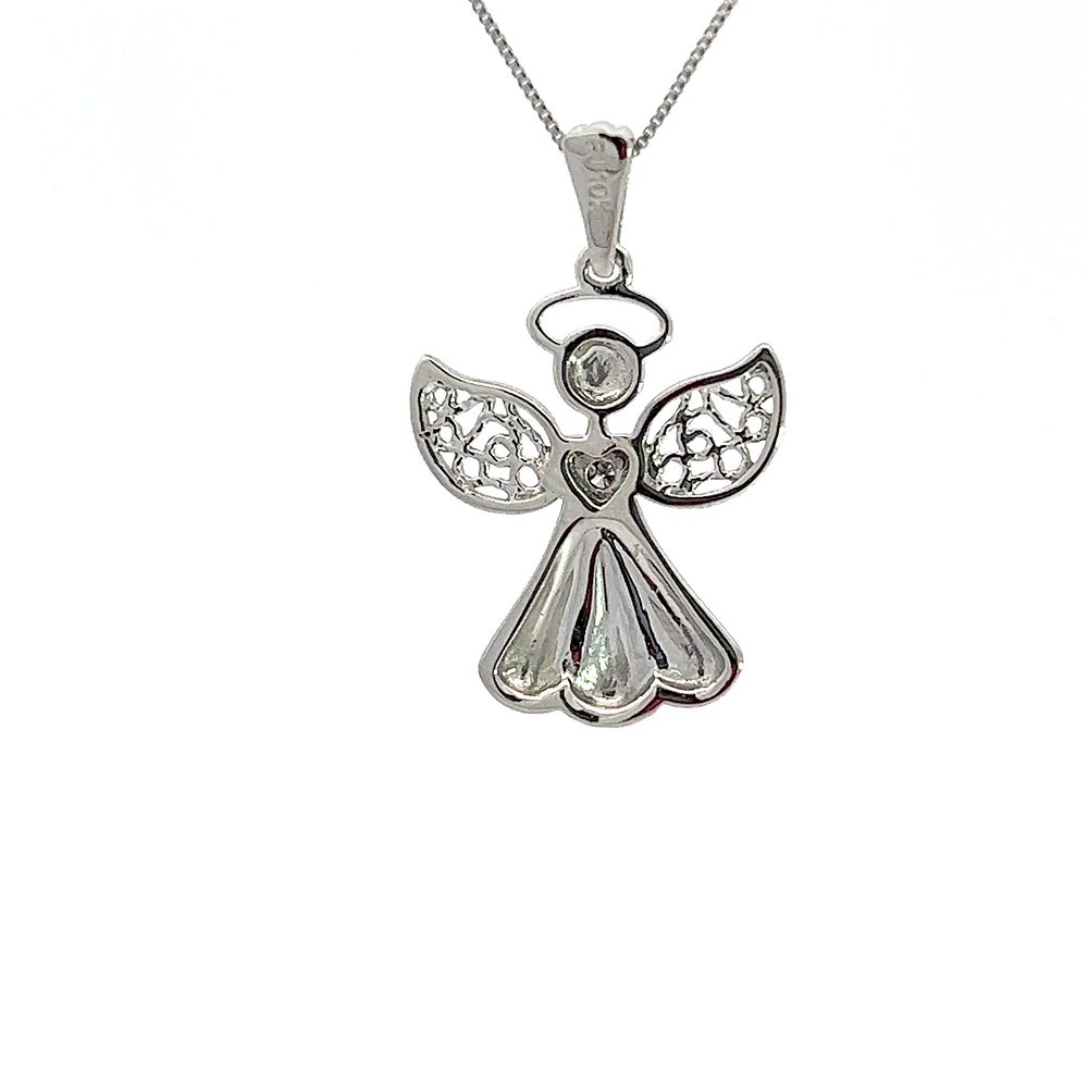 10K White Gold 0.015 cttw  Diamond  Angel Pendant, 18"