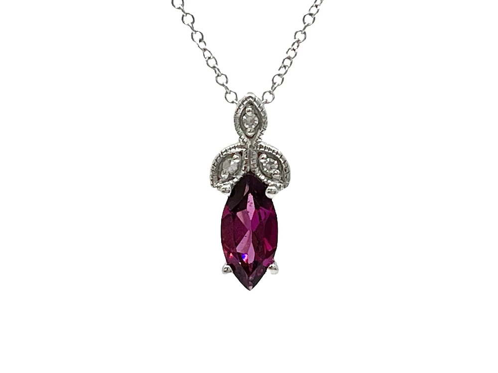 10K White Gold 8mm x 4mm Rhodalite Garnet and 0.02cttw Diamond Pendant with Rolo Chain - 18 Inches