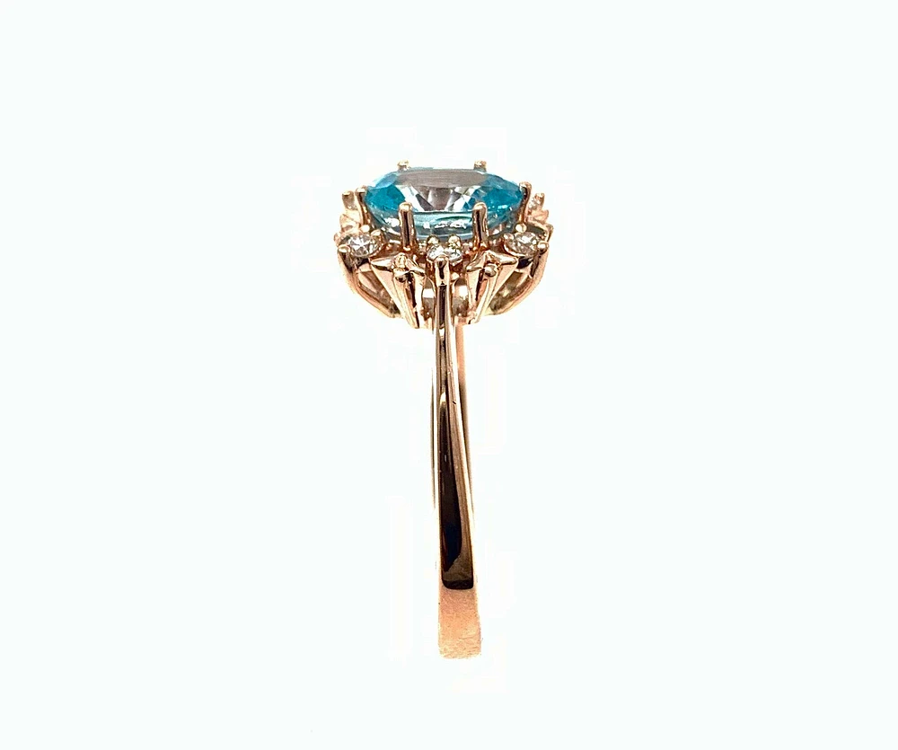 10K Rose Gold 1.20cttw Genuine Oval Cut Blue Zircon and 0.09cttw Diamond Halo Ring, size 7
