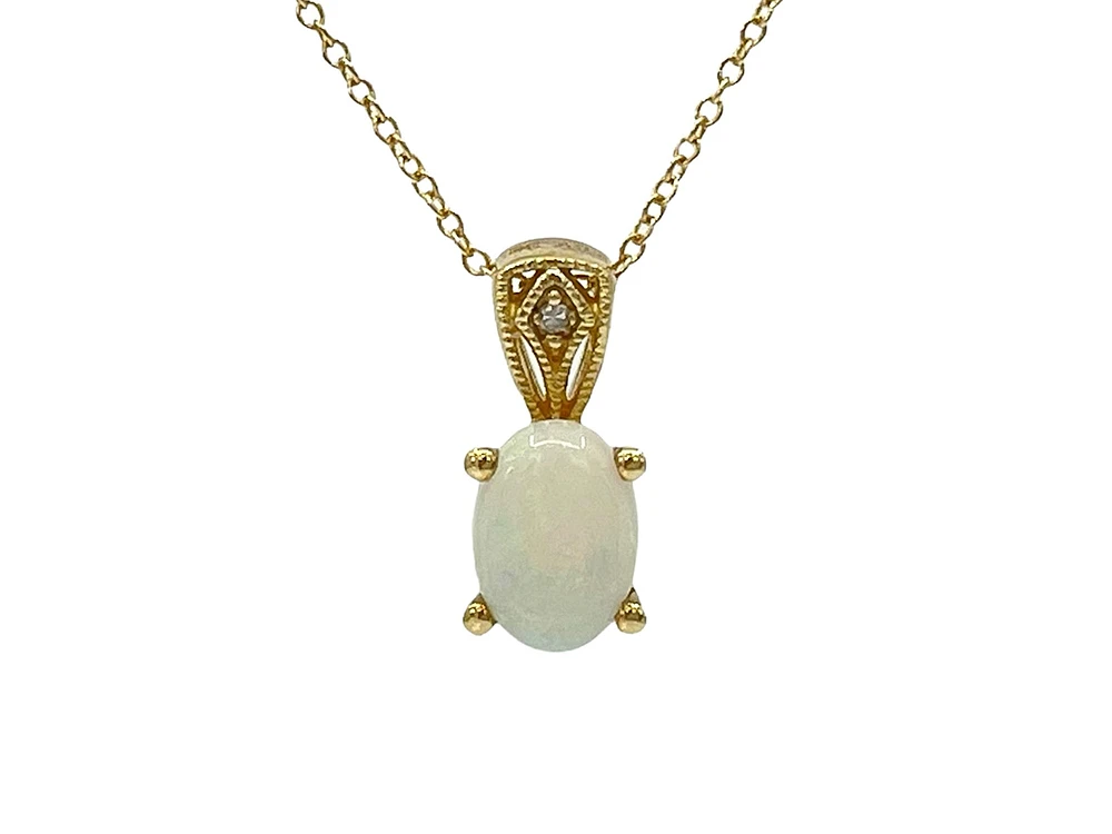 10K Yellow Gold Opal and Diamond Pendant, 18"