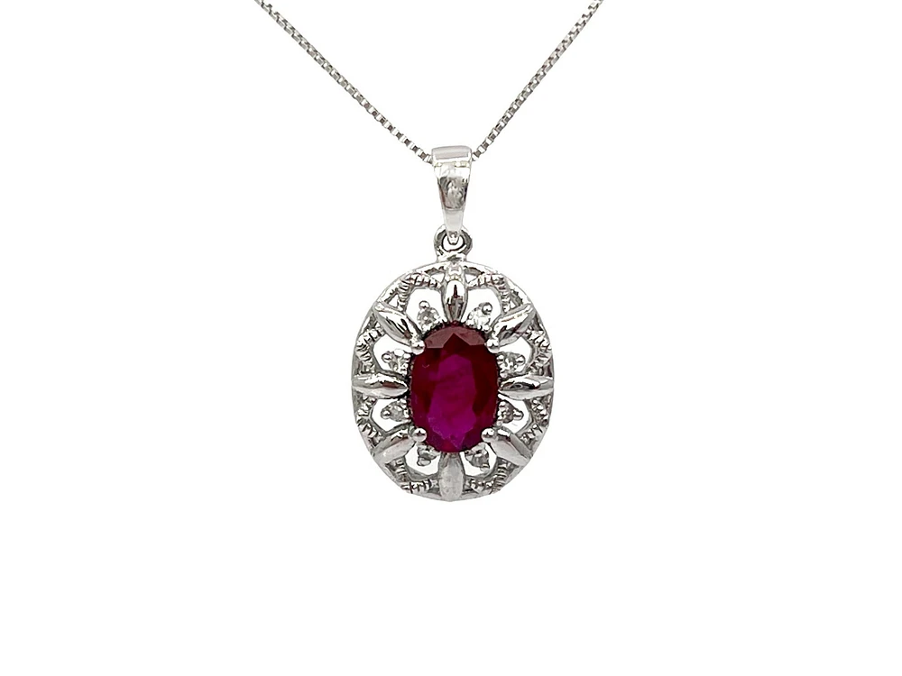 10K White Gold Ruby and Diamond Pendant, 18"