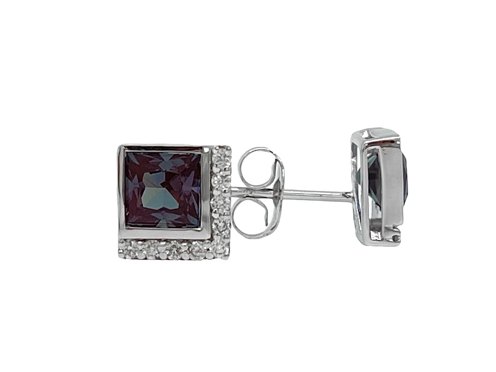 10K White Gold Created Alexandrite and Diamond  Earrings