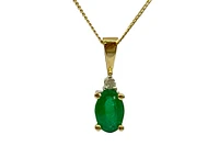 10K Yellow Gold Oval Cut Emerald and Diamond Pendant, 18"