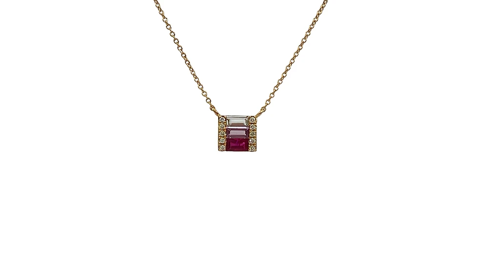 14K Yellow Gold Ruby, Pink Sapphire, White Topaz and Diamond Necklace, 18"