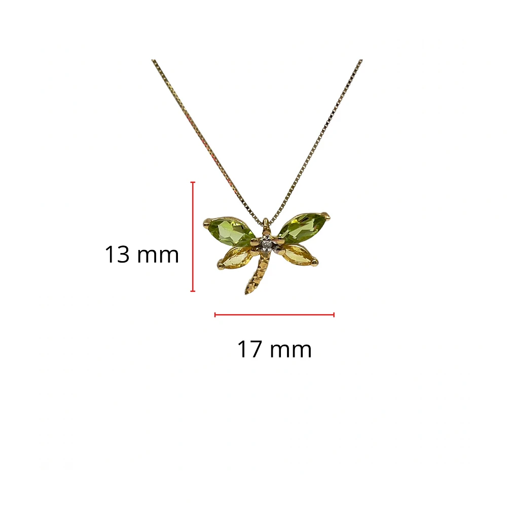 10K Yellow Gold Genuine Peridot, Genuine Yellow Sapphire and Diamond 0.01cttw Dragonfly Pendant, 18"
