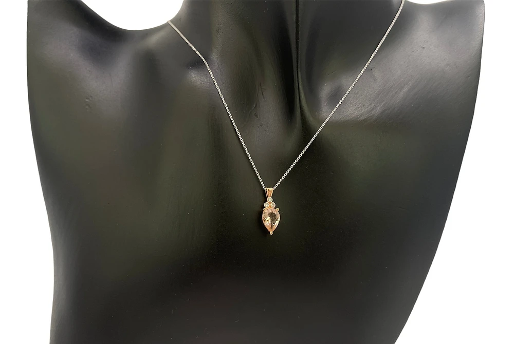 10K Rose Gold 8x6mm Pear Cut Morganite and Diamond Pendant, 18"