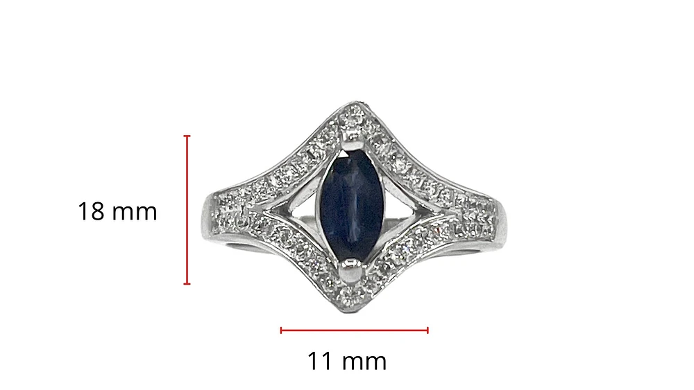 14K White Gold 0.52cttw Genuine Marquise Cut Sapphire and 0.30cttw Diamond Ring, size 6.5