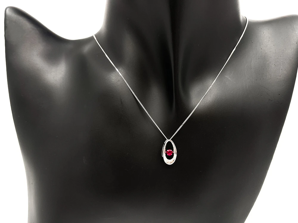 10K White Gold 0.12cttw Genuine Ruby & Diamond Pendant, 18"