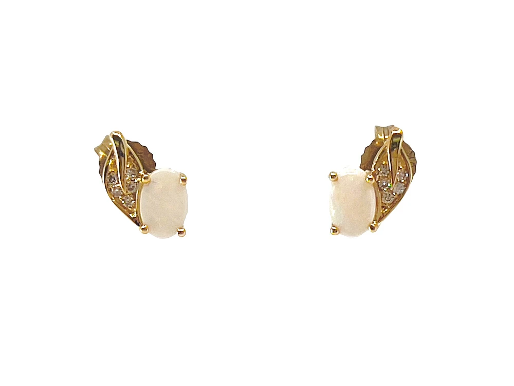 10K Yellow Gold 0.60cttw Opal and 0.04cttw Diamond Stud Earrings