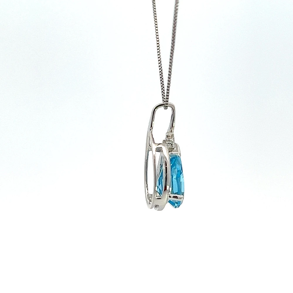 10K White Gold 9x6mm Blue Topaz and 0.015cttw Diamond Necklace - 18 Inches