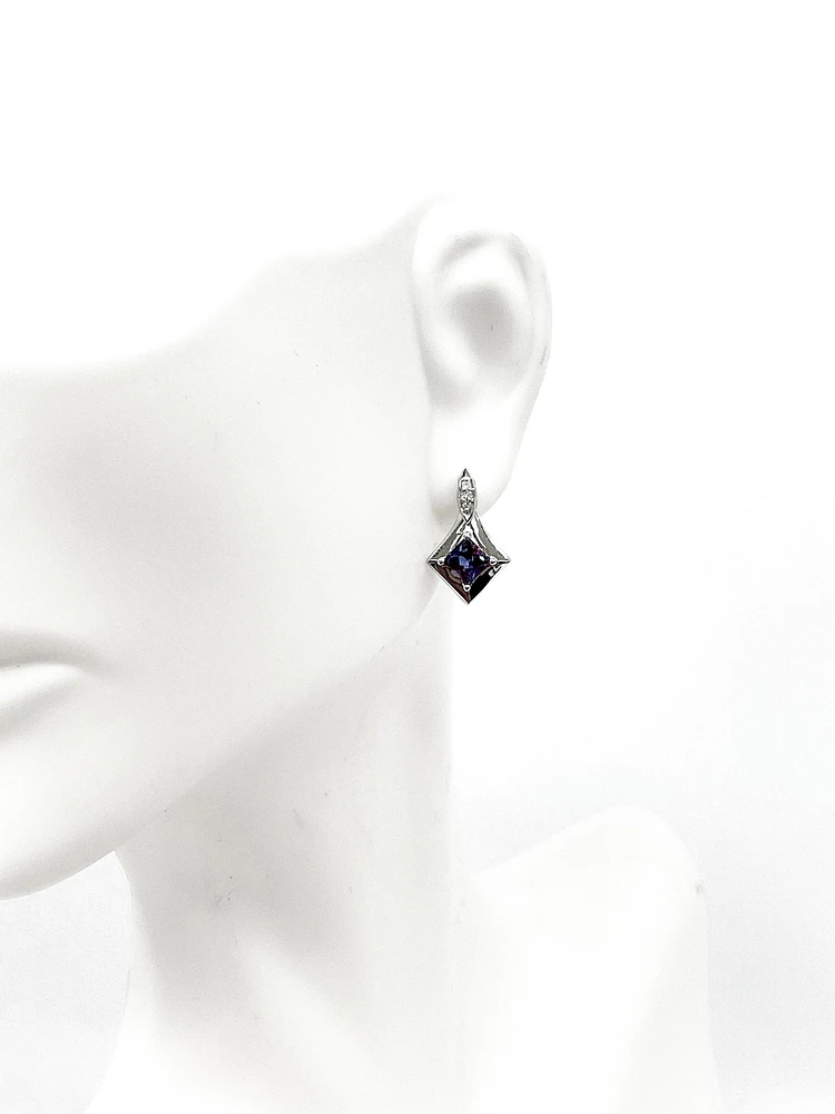 10K White Gold Created Alexandrite and 0.026cttw Diamond Earrings