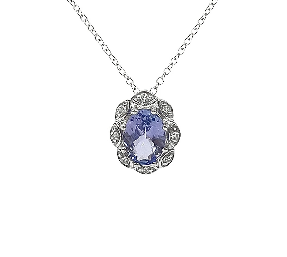 10K White Gold Tanzanite and Diamond Antique Halo Necklace, 18"