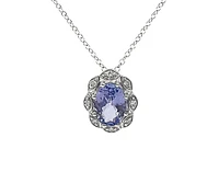10K White Gold Tanzanite and Diamond Antique Halo Necklace, 18"