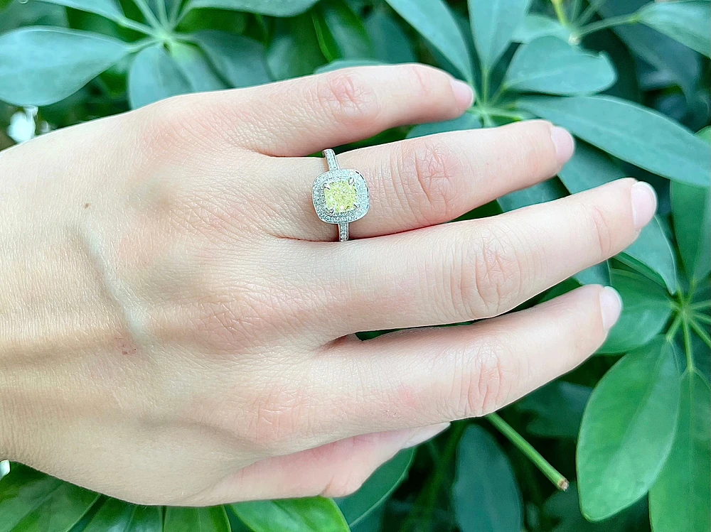 14K White Gold 1.33cttw Fancy Yellow and White Diamond Halo Engagement Ring, size 6