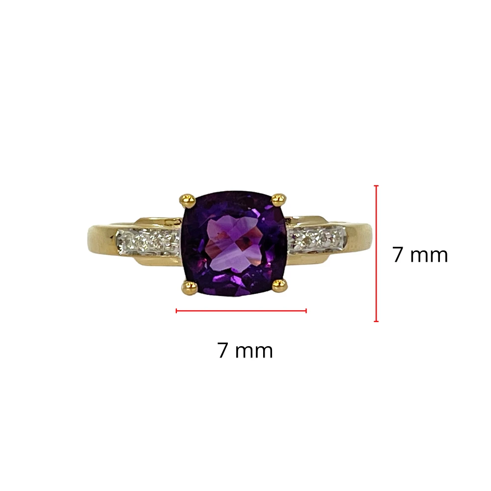 10K Yellow Gold 7mm Cushion Cut Amethyst and 0.05cttw Diamond Ring, size 7