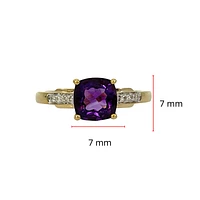 10K Yellow Gold 7mm Cushion Cut Amethyst and 0.05cttw Diamond Ring, size 7
