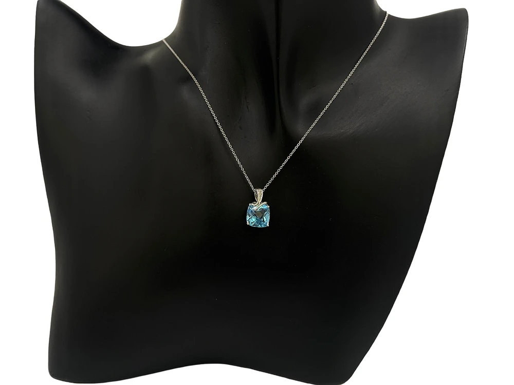 10K White Gold Blue Topaz and Diamond Pendant, 18"
