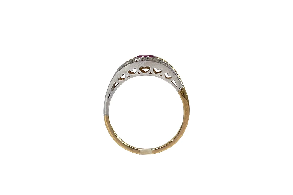 10K Two Tone Yellow and White Gold 6mm x 4mm Ruby and 0.05cttw Diamond Ring