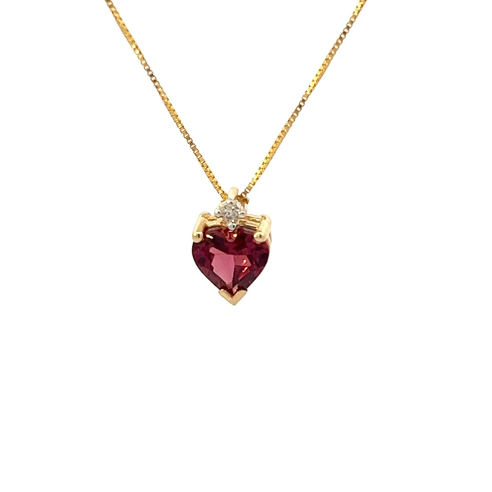 10K Yellow Gold Garnet and Diamond Heart Pendant, 18"