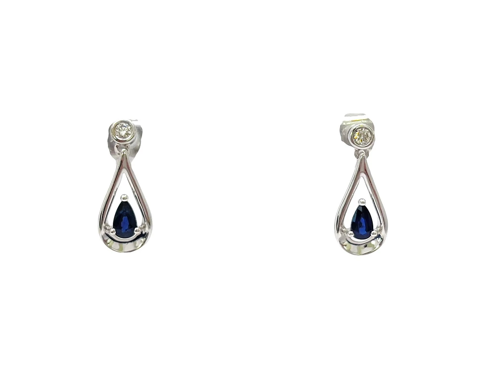 10K White Gold 0.70cttw Genuine Sapphire and 0.08cttw Diamond Dangle Earrings