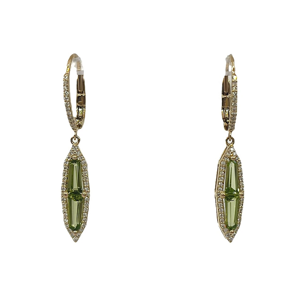 14K Yellow Gold 1.61cttw Peridot and 0.30cttw Diamond Dangle Earrings