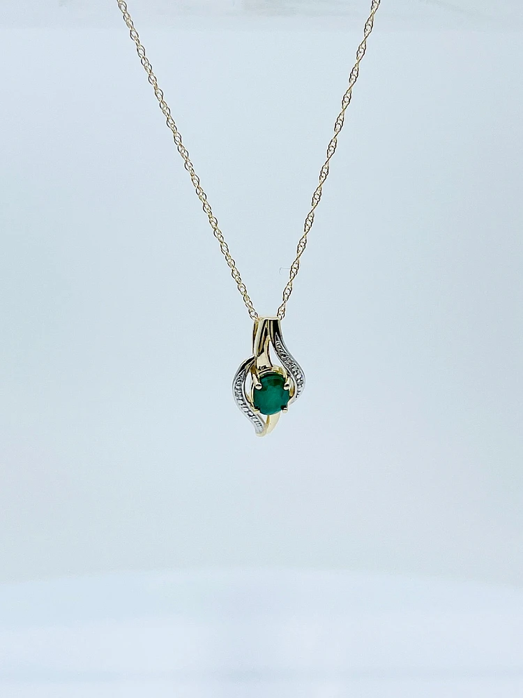 10K Yellow Gold Emerald and Diamond Pendant, 18"