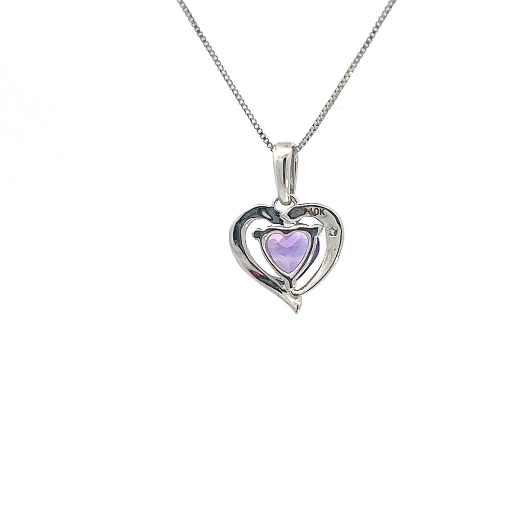 10K White Gold Amethyst and Diamond Pendant - 18"