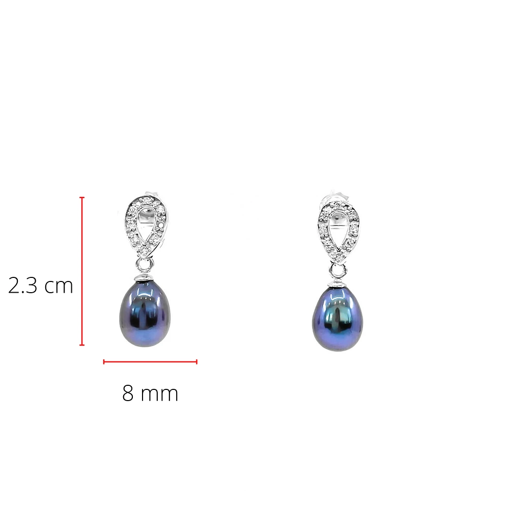 Fresh Water Black Pearl Silver & Cubic Zirconia Earrings