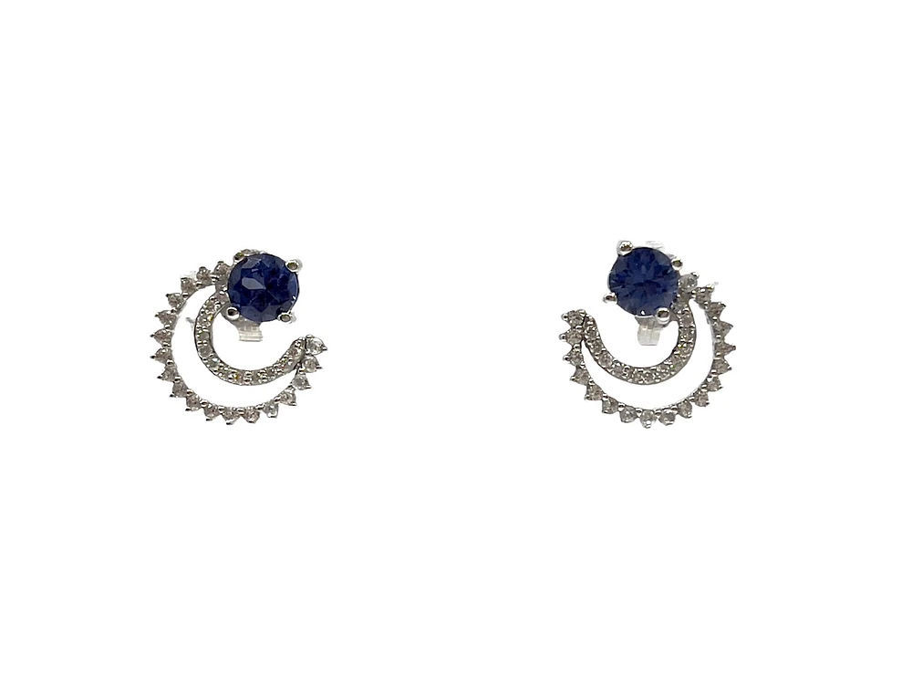 10K White Gold Created Blue Sapphire, Created White Sapphire and Diamond Earrings