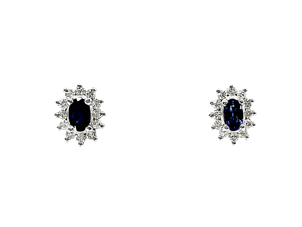 14K White Gold 0.55cttw Genuine Sapphire & 0.32cttw Diamond Halo Earrings