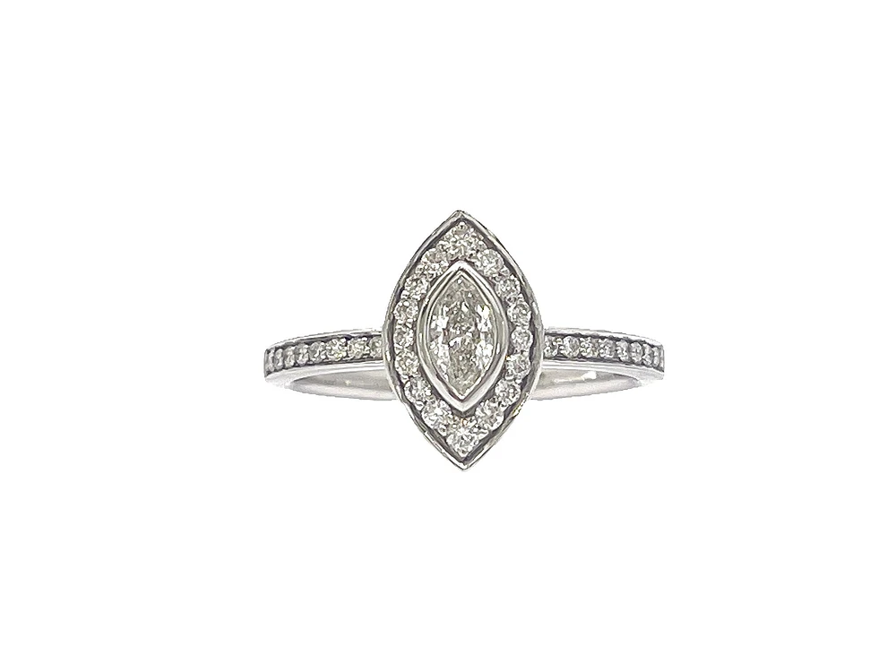 10K White Gold 0.18cttw Marquise Cut Diamond Halo Engagement Ring, size 6.5