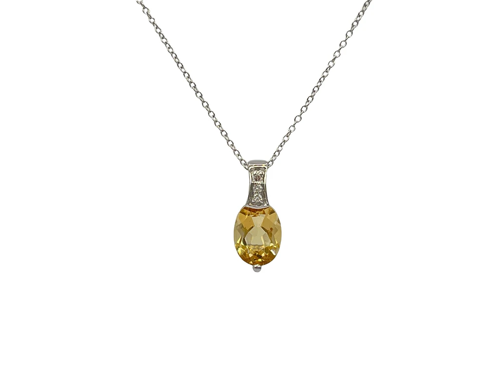 10K White Gold 8x6mm Oval Cut Citrine & 0.022cttw Diamond Pendant, 18"