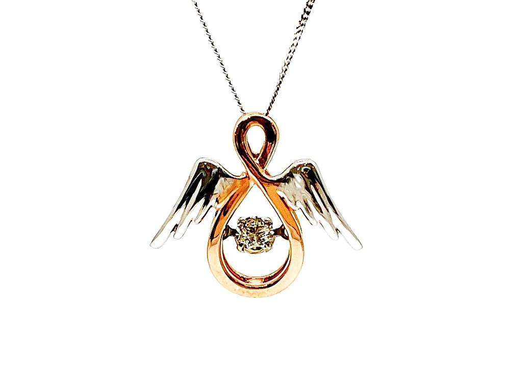 10K Rose Gold & White Gold 0.05cttw Diamond Angel Pendant, 18"