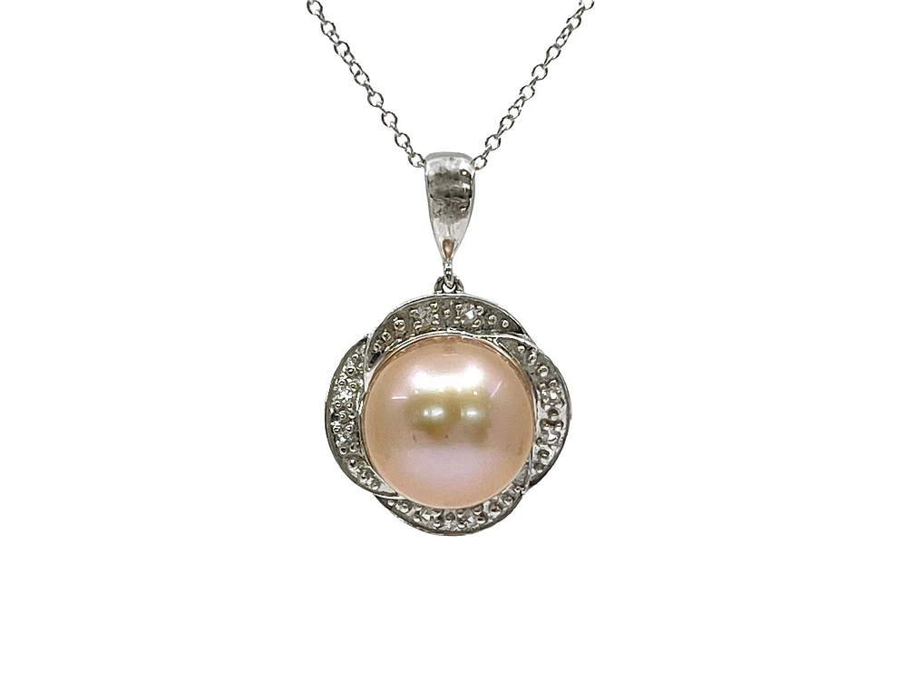 10K White Gold Pink Fresh Water Pearl and White Topaz Pendant, 18"