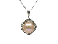 10K White Gold Pink Fresh Water Pearl and White Topaz Pendant, 18"