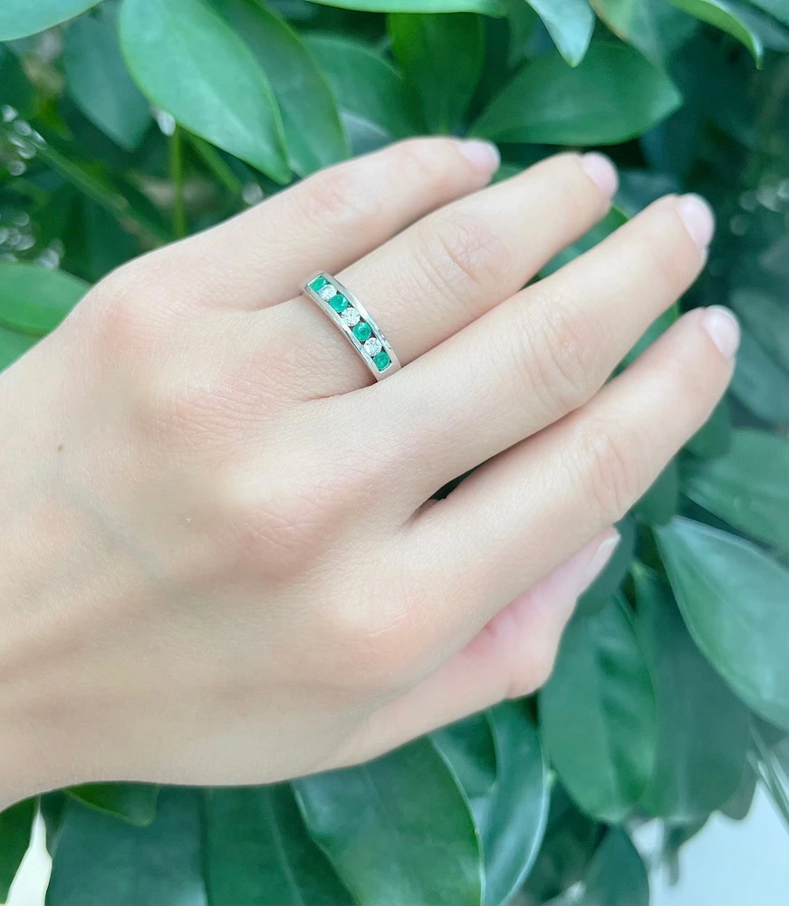 10K White Gold Genuine Emerald & Diamond Band