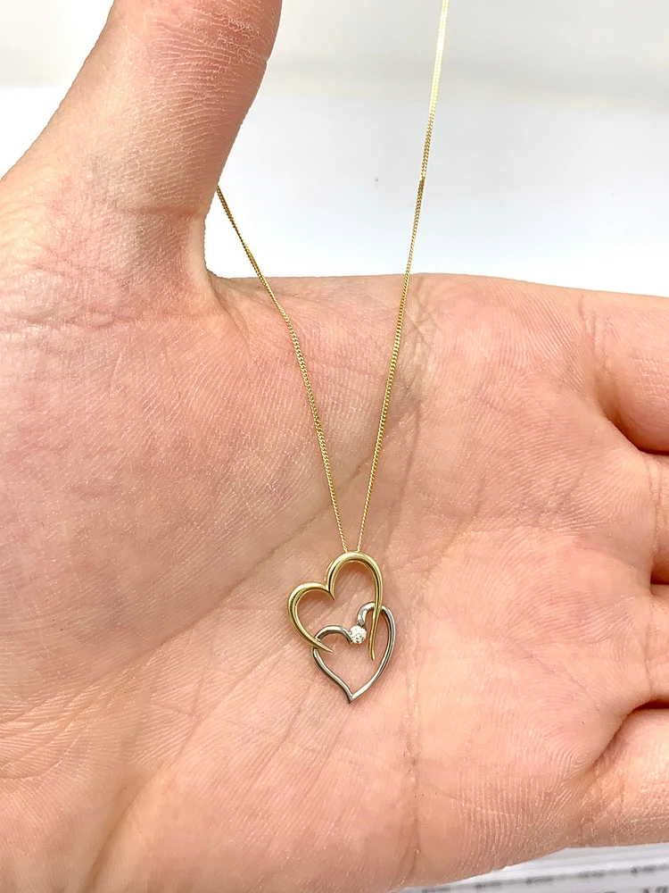 10K White & Yellow Gold 0.041cttw Diamond Double Heart Pendant, 18"