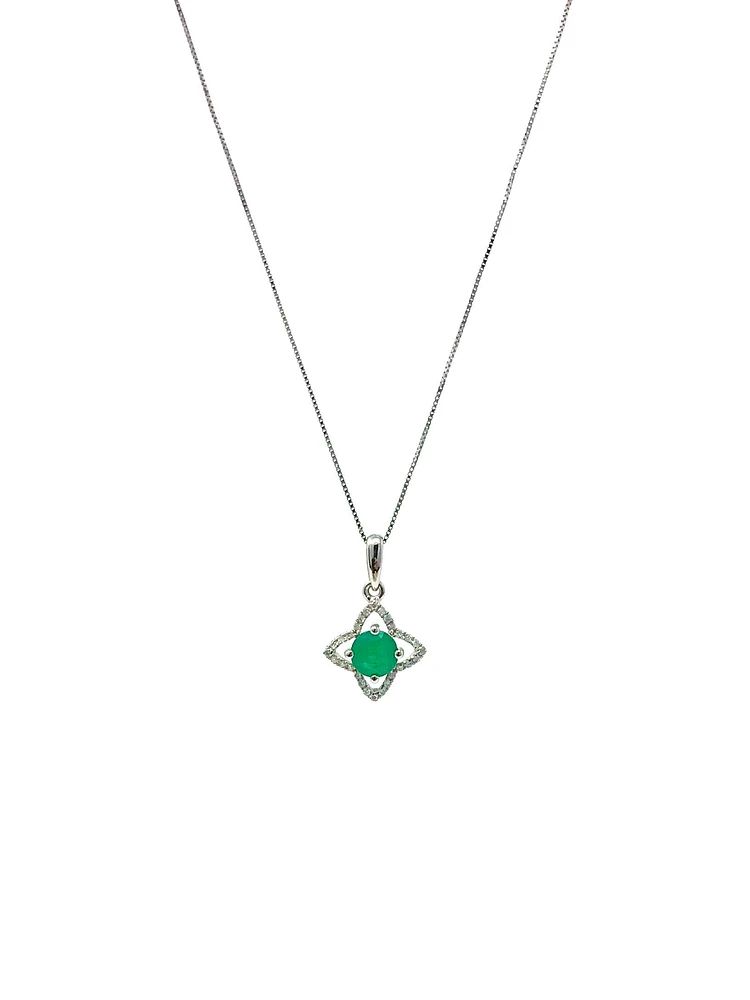 10/14K White Gold Emerald and Diamond Pendant, 18"